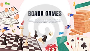 Board games banner. Fun home games for friendly companies. Games developing logical thinking. Vector illustration