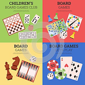 Board games banners collection for family and children, flat vector illustration.