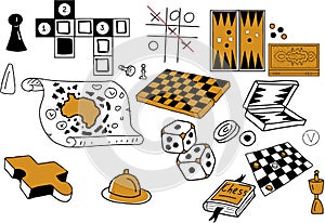 Board games chips cubes cards checkers chess dominoes doodle sketch hand drawn graphic illustration