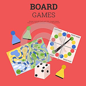 Board games colorful banner for family entertainment, flat vector illustration.