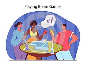 Board games concept. Friends compete and enjoy strategy and luck-based games.