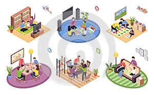 Board games family isometric set. Stay home. Parents with kids sitting at table and playing tabletop games