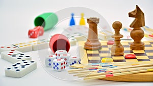 Board games, gambling and strategy on white background