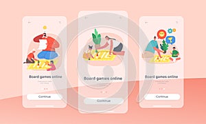 Board Games Online Mobile App Page Onboard Screen Template. Happy Family Sparetime, Kids and Parents Playing Boardgames