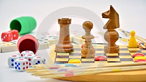 Board games, gambling and strategy on white background photo