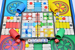 Board games, gambling and strategy on white background photo