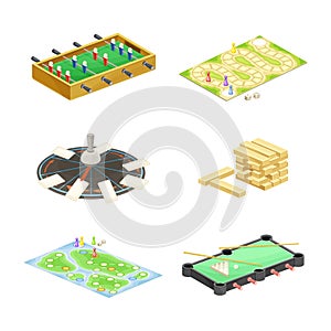 Board games set. Adventure, billiard, roulette, jenga, football or soccer recreational and competitive game vector