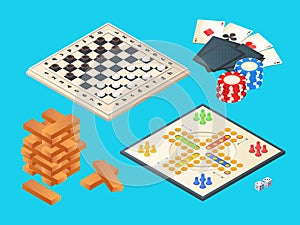 Board games. Vector isometric pictures of various boards games