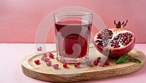 Board with glass of fresh pomegranate juice on pink background