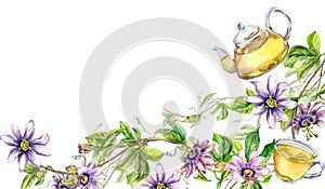 Board of glass teapot and cup, passion flower, stem watercolor illustration isolated on white. Herbal tea, health drink