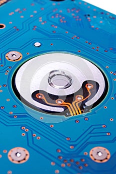 Board inside a computer hard drive closeup