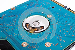 Board inside a computer hard drive closeup
