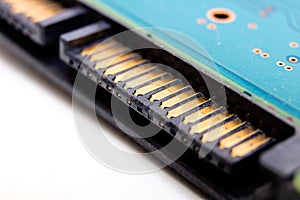 Board inside a computer hard drive closeup