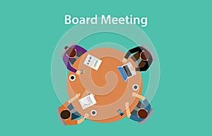 Board meeting illustration with for people meeting on a table with paperworks on top of the table photo