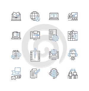 Board meeting line icons collection. Decisions, Quorum, Agenda, Minutes, Resolutions, Chair, Voting vector and linear