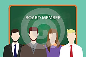 Board member white text illustration with four people standing in front of green chalk board