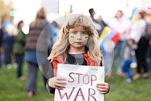 Board No war, Stop war. Little ukrainian child patriot. America stand with Ukraine.