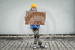 Board No war, Stop war. Little ukrainian patriot. No war with Ukraine. Ukrainian geopolitics globe crisis.