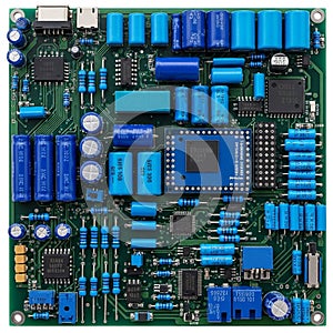 Board (PCB) with numerous electronic components including capacitors,