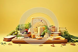 Board with processed cheese, bread and vegetables on pale yellow background