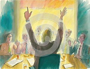 A board room with several individuals brainstorming ideas with their hands up in the air. Business concept. AI
