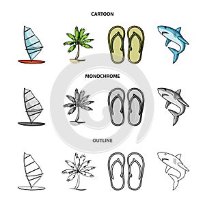 Board with a sail, a palm tree on the shore, slippers, a white shark. Surfing set collection icons in cartoon,outline