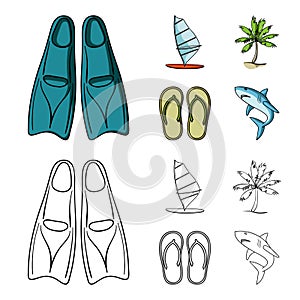 Board with a sail, a palm tree on the shore, slippers, a white shark. Surfing set collection icons in cartoon,outline