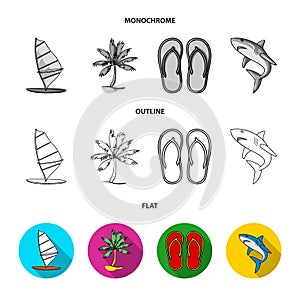 Board with a sail, a palm tree on the shore, slippers, a white shark. Surfing set collection icons in flat,outline