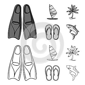 Board with a sail, a palm tree on the shore, slippers, a white shark. Surfing set collection icons in outline,monochrome