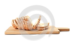 Board with sliced fresh bread on white