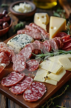 Board with sliced sausage and gourmet cheeses. selective focus. Generative AI,