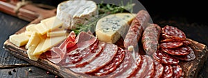 Board with sliced sausage and gourmet cheeses. selective focus. Generative AI,