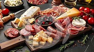 Board with sliced sausage and gourmet cheeses. selective focus. Generative AI,