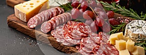 Board with sliced sausage and gourmet cheeses. selective focus. Generative AI,