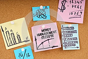 On the board are stickers with graphs and diagrams and the inscription - Money Management Secrets
