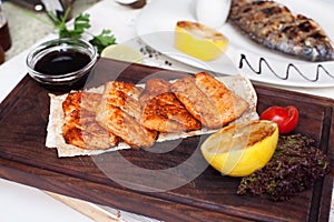 Board, still life, restaurant, grilled salmon fillet