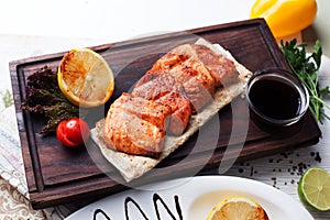 Board, still life, restaurant, grilled salmon fillet