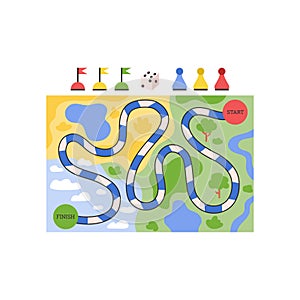 Board table game with chips and route field, flat vector illustration isolated.