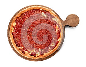 Board with tasty Chicago-style pizza on white background