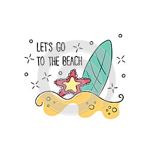 board to surf on a sandy beach in vector format for t-shirt print, isolated