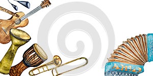 Board of variouse percussion musical instruments watercolor illustration isolated.