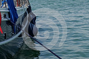 The board of the yacht is yacht at the pier in Fethiye Marina, Mugla, Turkey.