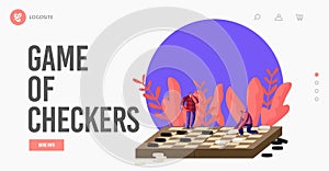Boardgame Intelligence Recreation, Hobby Landing Page Template. Tiny Male Characters Playing Huge Checkers Moving Pieces