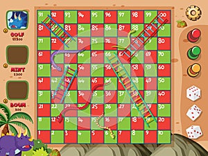 Boardgame with snakes and ladders on red and green squares