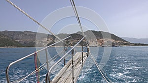 Boarding gangway of sailing yacht. Cruise ship trace