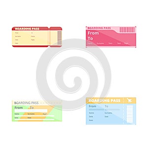 Boarding pass icons set cartoon vector. Airline ticket for traveling by plane