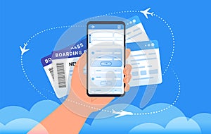 Boarding pass mobile add for online check-in and airplanes flying around in clouds