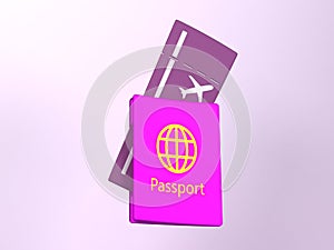 boarding pass with passport 3D icon. passport with flay ticket 3D rendering.