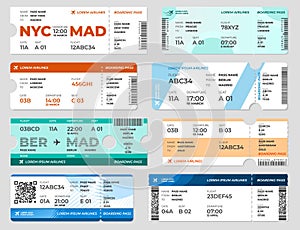 Boarding pass template. Board tickets, airplane travel flight page template. Blank invitation on plane, transport card