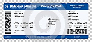 Boarding pass template with sample text and qr code. Air travel concept for travel design or business meetings. Vector paper photo